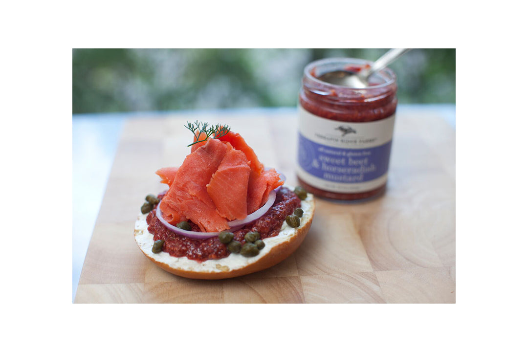 Sweet Beet and Horseradish Bagels and Lox with Terrapin Ridge Farms Sweet Beet and Horseradish Mustard Sweet Beet and Horseradish Bagels and Lox with Terrapin Ridge Farms Sweet Beet and Horseradish Mustard